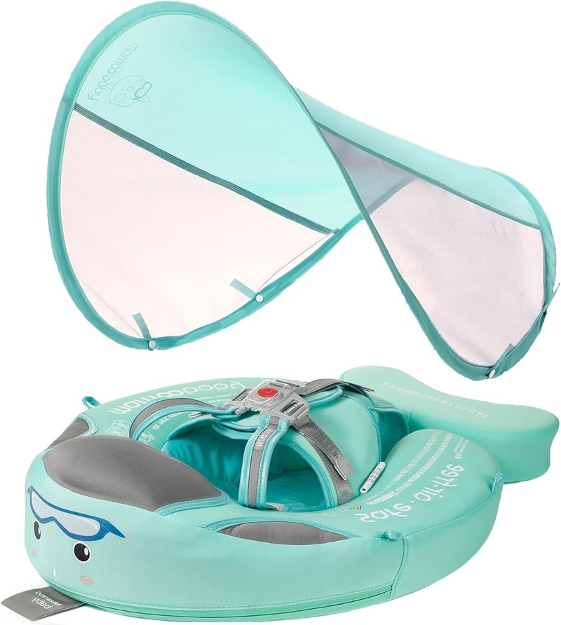 AnjeeIOT Mambobaby Float Baby Float with Canopy Non Inflatable Baby Pool Float Upgraded Tail Infant Swim Trainer Water Float for Toddler Infant 3-24 Months No Flip Over, Green - Image 1